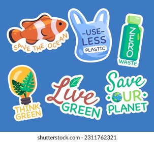 Sticker set graphic collection of save the ocean use less plastic zero waste think green live green save our planet 