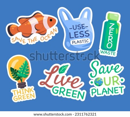 Sticker set graphic collection of save the ocean use less plastic zero waste think green live green save our planet 