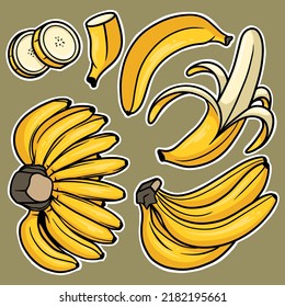 Sticker Set Hand Drawn Banana Cartoon Illustration