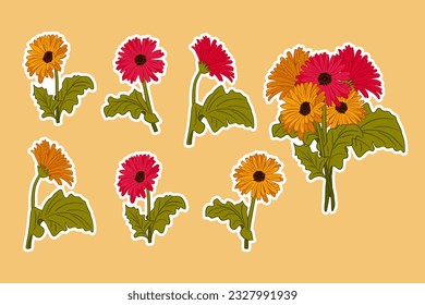 Sticker set of hand drawn blooming gerberas and bouquet of them. Vector flat isolated gerberas daisy flowers with leaves on yellow background. Perfect for stickers, decoration