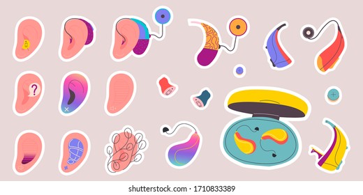 Sticker set of hearring aids and ears for people with hearing impairments.