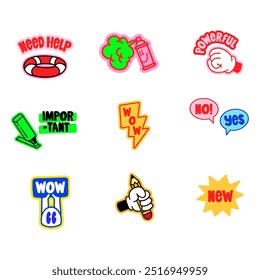 Sticker set with highlight marker, fist, lifebuoy, character with sign, lightning bolt, hand with pencil, "new" sticker, speech bubbles, and spray paint. Colorful vector illustrations with motivationa