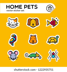 Sticker set of home pets, colorful icons for pet shop, veterinary clinic, pet store, zoo, shelter. Flat style design, vector illustration.