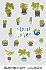 Sticker set with home plants for planner. Urban jungle collection. Icons and symbols for decoration scrapbooking, wrapping, diary and notebooks. Vector illustration