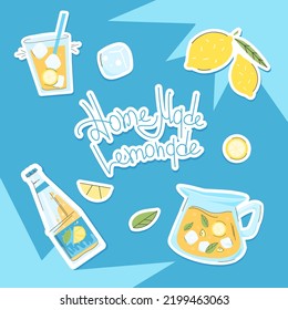 Sticker set of homemade lemonade on a blue background. Illustrations of a lemonade bottle, glasses, lemons and a decanter with a cutout outline.