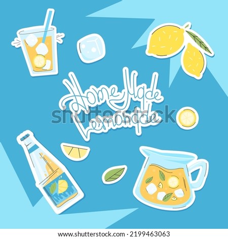 Sticker set of homemade lemonade on a blue background. Illustrations of a lemonade bottle, glasses, lemons and a decanter with a cutout outline.
