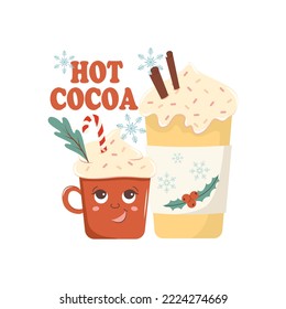 Sticker set of hot cocoa mug. Vector drawing on a white isolated background. Illustration in flat, cartoon style.