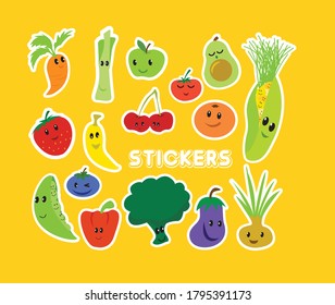 sticker set or icons of fruit and vegetables in a kawaii japanese style, editable.