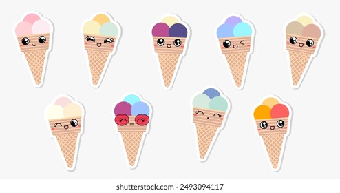 Sticker set with images of ice cream in different colors. Collection with emotions in kawaii style. Vector illustration.