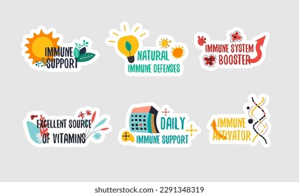 Conjunto de pegatinas para el paquete de productos de soporte inmune. Colección de etiquetas suplementarias del sistema inmunitario natural, ilustración vectorial. Etiqueta de vitaminas con decoraciones de elementos naturales