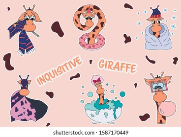 Sticker set with inquisitive giraffe illustration. Cute giraffe.