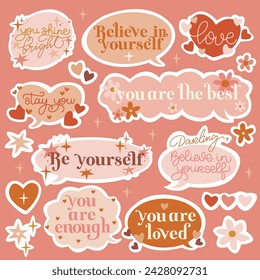 Sticker set of inspirational speech bubbles with compliments, quotes about love for yourself and others. Cartoon icons, stickers, vector. Vector illustration