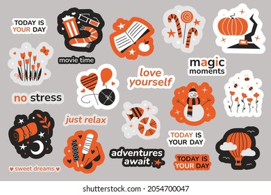 Sticker set. Isolated vector illustrations. Planner or diary stickers. Snowman hearts love flowers balloon ice cream camping traveling reading movie Christmas holidays. New Year of tiger 2022