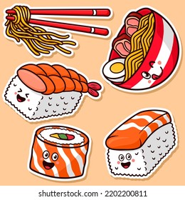 Sticker Set Japanese food Cartoon Vector Illustration