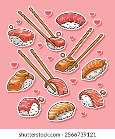 Sticker Set of Japanese Food Salmon and Tuna Sushi. Food and Beverage Illustration Theme.