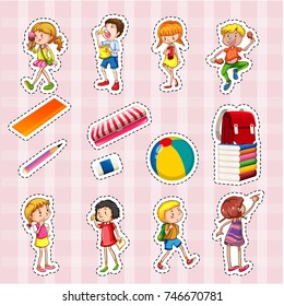 Conjunto de etiquetas de niños y objetos escolares ilustración