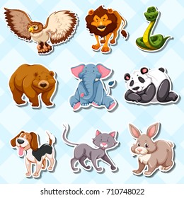 Sticker set with lots of wild animals illustration