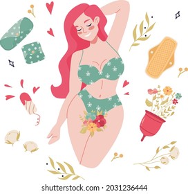 Sticker set of menstruation, period elements, uterus. Woman, flowers,  tampons, female womb cartoon vector illustration. Zero waste periods, pads, cup, panties. Menstruation hygiene in critical days