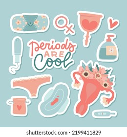 Sticker set of menstruation, period elements, uterus. Collection of flowers, tampon, female womb, pads, cup, panties. Menstruation hygiene in critical days. Flat hand drawn cartoon vector illustration