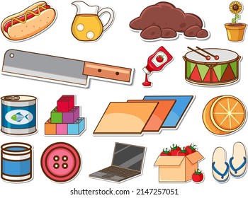 Sticker set of mixed daily objects illustration