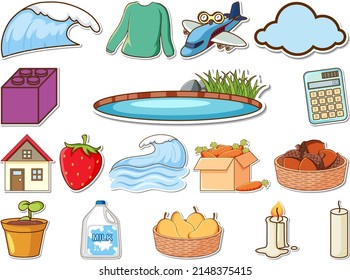Sticker set of mixed daily objects illustration