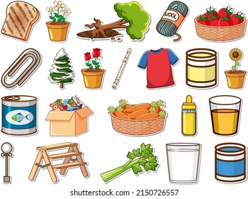 Sticker set of mixed daily objects illustration