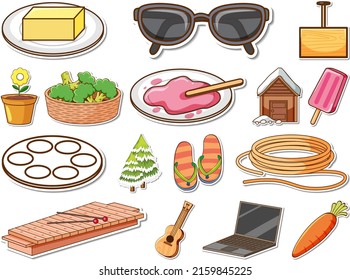 Sticker set of mixed daily objects illustration