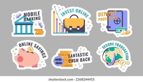 Sticker set with mobile banking offer concept. Flat elements at online financial service tag collection, vector illustration. Colorful label with payment procedure signs, line decoration elements