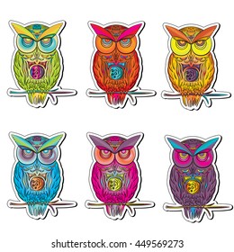 sticker set of multicolored owls in vector 