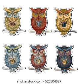 sticker set of multicolored owls in vector EPS 10