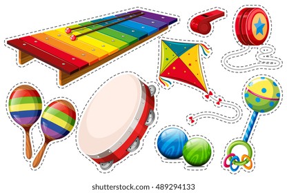 Sticker set of musical instrument and toys illustration