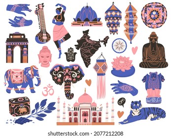 Sticker Set with national Indian elements and Sights mehendi, Buddha, festival elephant, sitar, paper lanterns, Taj Mahal, tea, lotus, Hamsa hand, Triumphal Arch. Flat style Vector illustration