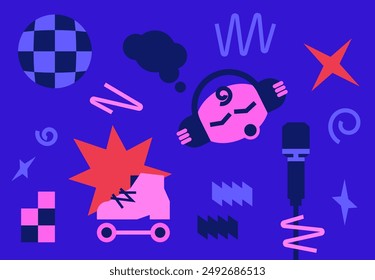 Sticker set in neon colors. Elements in disco theme. Image of a DJ character. Elements of disk, rollers, microphone, disco ball in groove style.
