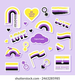 Sticker set with Non-Binary pride flag, gender identity symbol in yellow and purple colours. Vector illustration