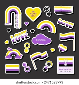 Sticker set with Non-Binary pride flag, gender identity symbol in yellow and purple colours. Vector illustration