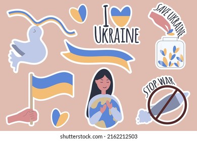 Sticker set on the theme of Ukraine. No war. Pray for peace. Save Ukraine. Ukraine. Stand with Ukraine.