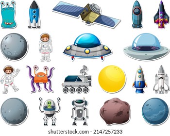 Sticker set of outer space objects and astronauts illustration