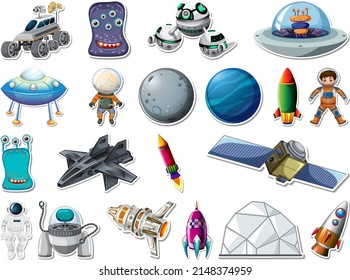 Sticker set of outer space objects and astronauts illustration