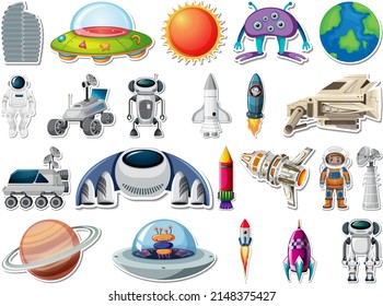 Sticker set of outer space objects and astronauts illustration