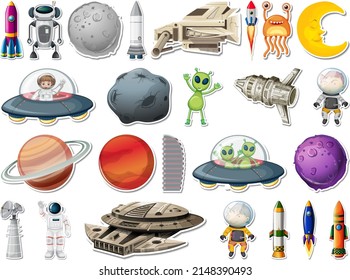 Sticker set of outer space objects and astronauts illustration