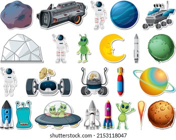 Sticker set of outer space objects and astronauts illustration