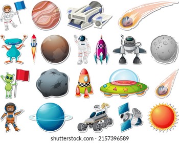 Sticker set of outer space objects and astronauts illustration