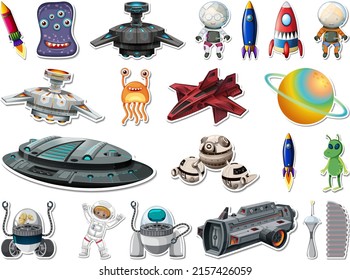 Sticker set of outer space objects and astronauts illustration