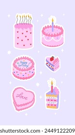 Sticker set of pink birthday cakes and candles. Vector flat illustration for greetings and holidays