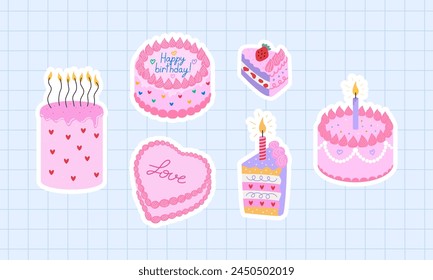 Sticker set of pink birthday cakes and candles. Vector flat illustration for greetings and holidays