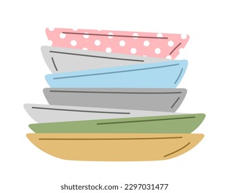 Sticker with set of plates. Various multicolored bowls, kitchenware icon. Blue, green and pink elements for kitchen. Utensils or crockery for food. Cartoon flat vector illustration on white background