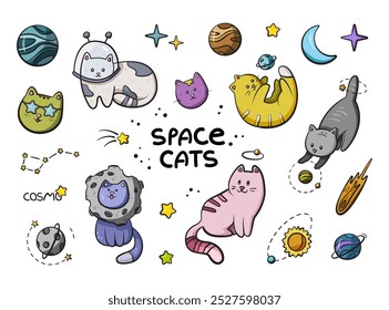 The sticker set of playful kittens among whimsical planets and sparkling stars on a soft white background, blending cosmic adventure with feline charm