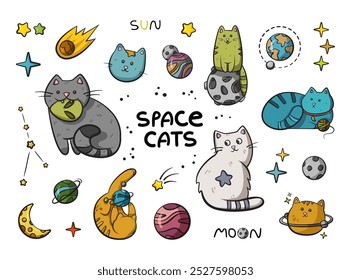 The sticker set of playful kittens among whimsical planets and sparkling stars on a soft white background, blending cosmic adventure with feline charm