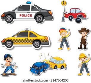 Sticker set of professions characters and objects illustration