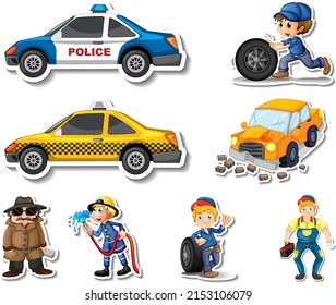 Sticker set of professions characters and objects illustration